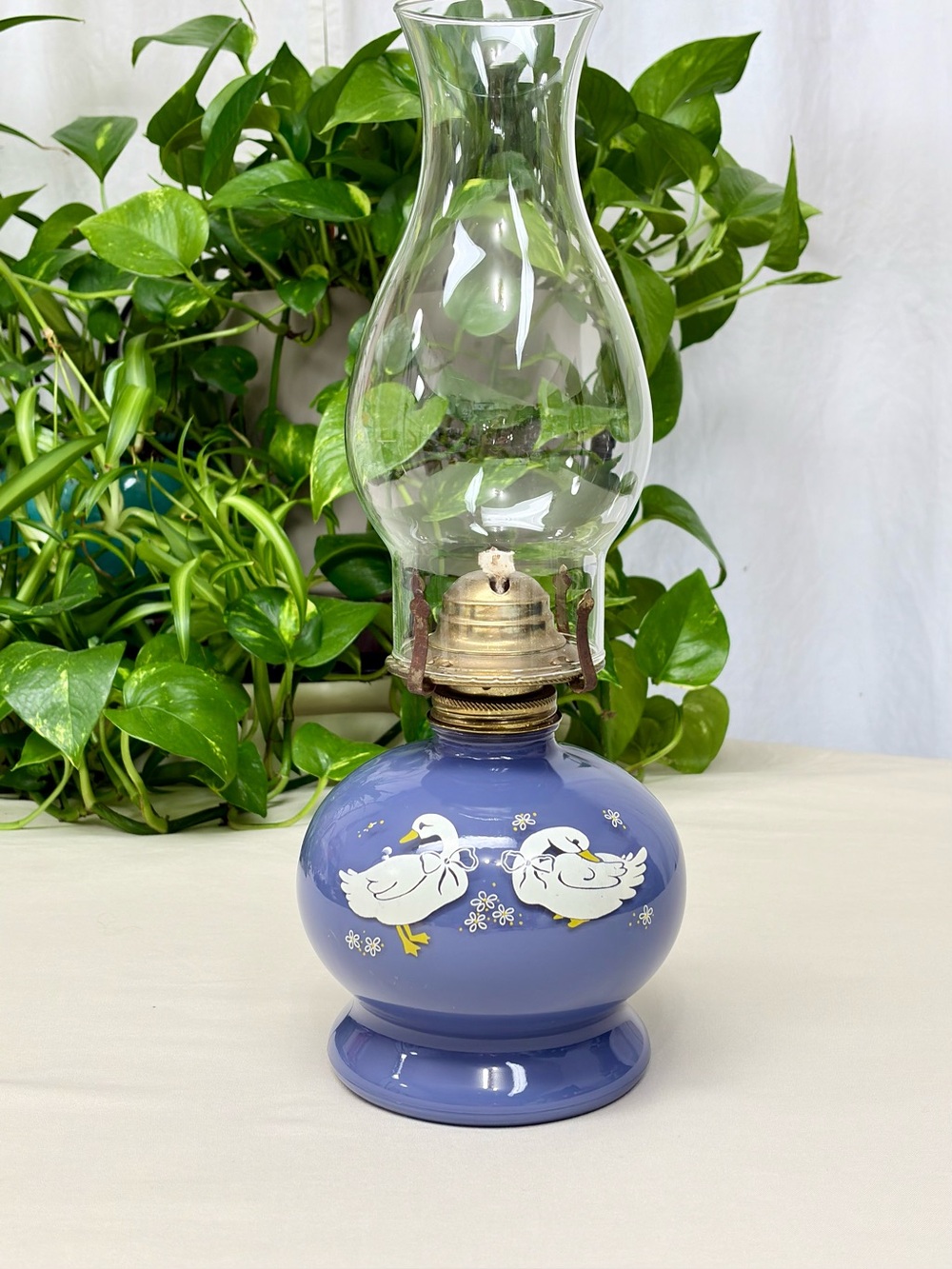 Vintage Lamplight Farms Country Geese Oil Lamp Blue 1980s Cottagecore
